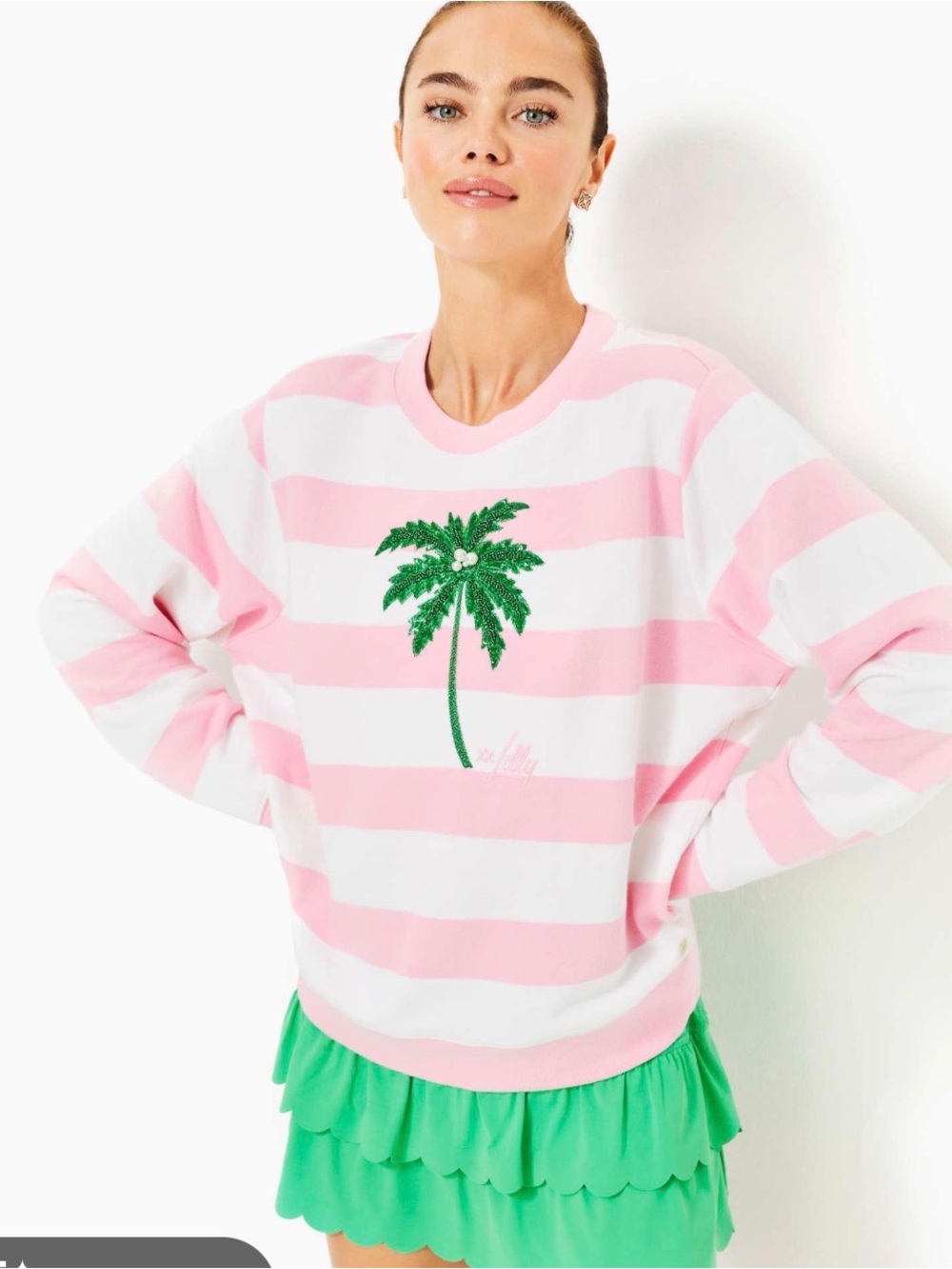 Lilly Pulitzer Pink & White Striped Palm Embroidered Sweatshirt